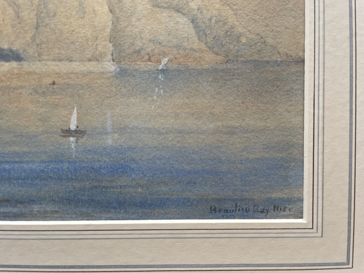 19th-century Watercolor, A View Of Beaulieu Bay Of Nice, Signed By The Artist Borrer-photo-4