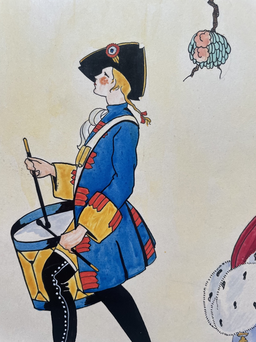 Traditional Nursery Rhyme "three Young Drummers" Drawing From The 1930s By Coleth.-photo-2