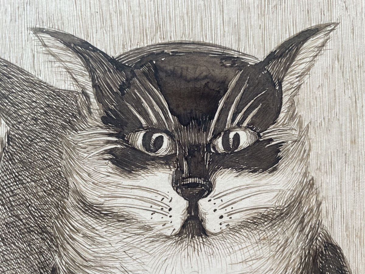 Pen Drawing Dated 1926, "cat," Large Kitten, Signed L. Bilbuyet-photo-4