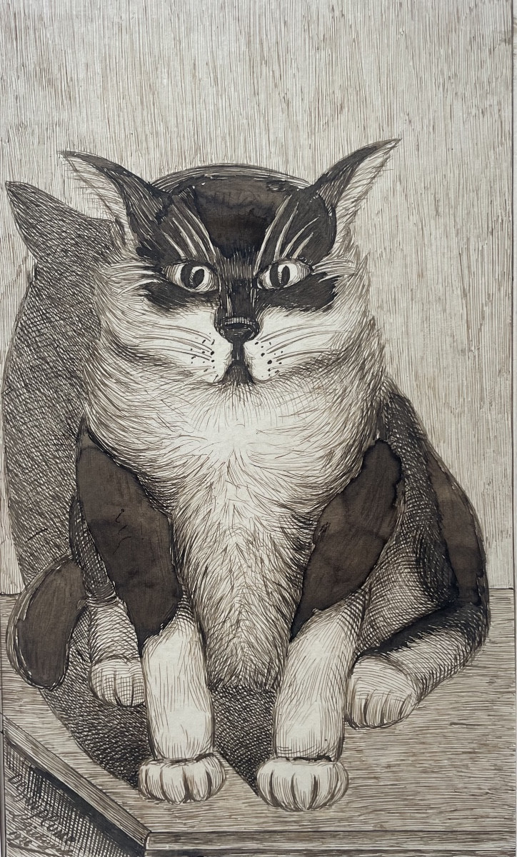 Pen Drawing Dated 1926, "cat," Large Kitten, Signed L. Bilbuyet