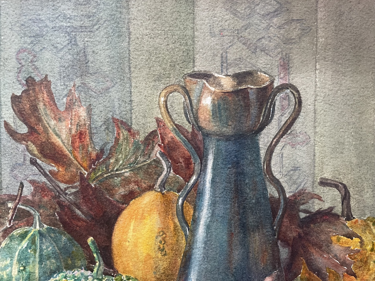 Watercolor, Autumnal Still Life "the Gourds" Signed Godin And Dated 1919-photo-3