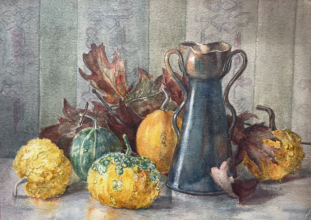 Watercolor, Autumnal Still Life "the Gourds" Signed Godin And Dated 1919