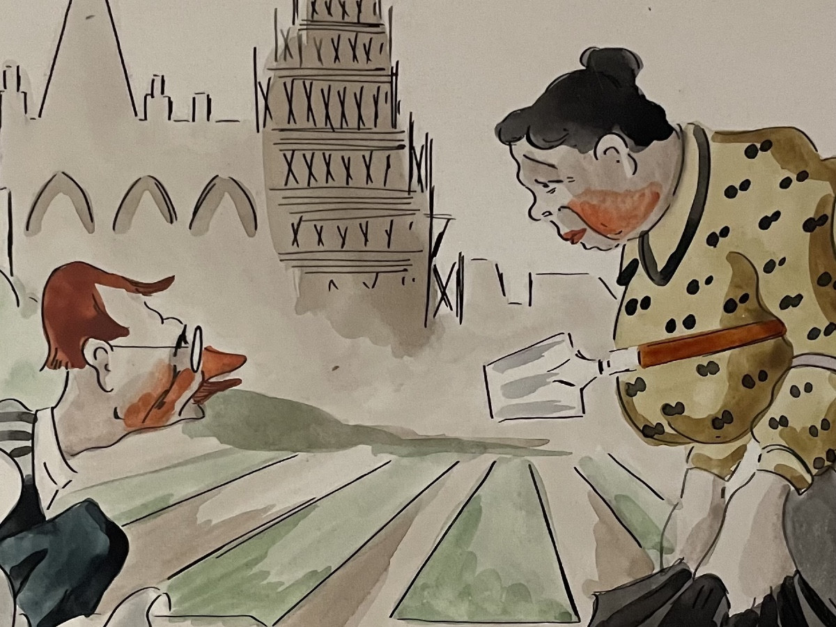 Humorous Watercolor And Ink Drawing From The 1920s, "a Boulevard In Laeken In 1915-1916," Belgium-photo-3