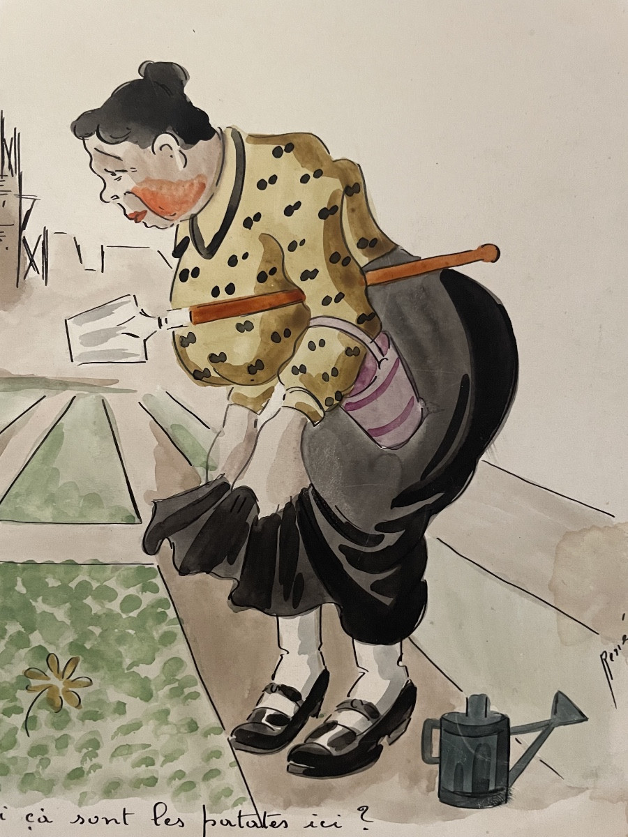 Humorous Watercolor And Ink Drawing From The 1920s, "a Boulevard In Laeken In 1915-1916," Belgium-photo-1