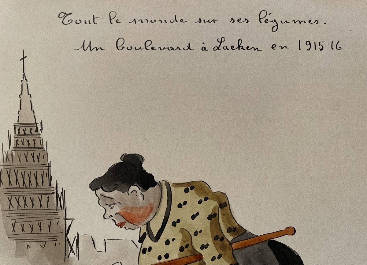 Humorous Watercolor And Ink Drawing From The 1920s, "a Boulevard In Laeken In 1915-1916," Belgium-photo-2
