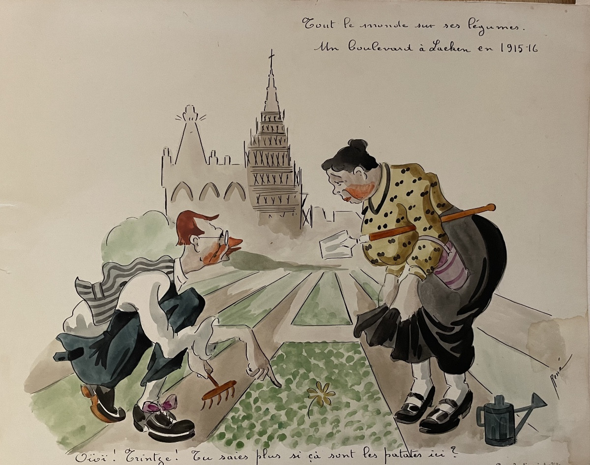 Humorous Watercolor And Ink Drawing From The 1920s, "a Boulevard In Laeken In 1915-1916," Belgium