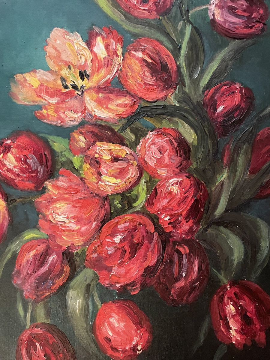 Composition florale sur toile, signée du peintre Rasky, datant de 1958 « Les Tulipes rouges »-photo-2