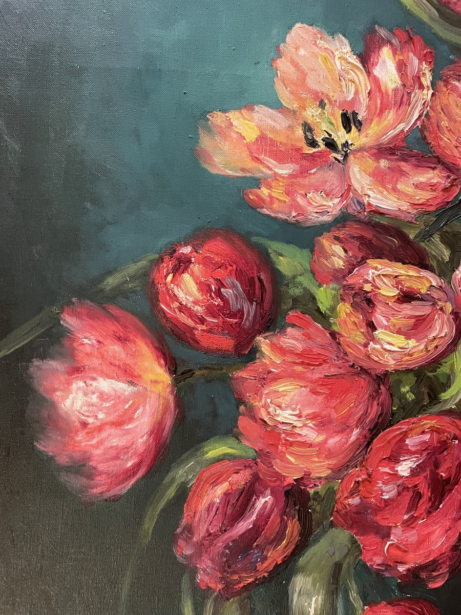 Composition florale sur toile, signée du peintre Rasky, datant de 1958 « Les Tulipes rouges »-photo-4