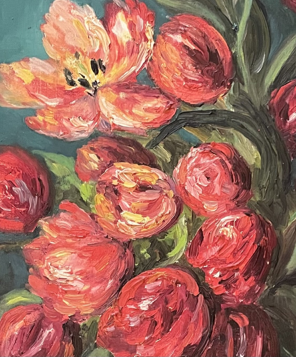 Composition florale sur toile, signée du peintre Rasky, datant de 1958 « Les Tulipes rouges »-photo-1