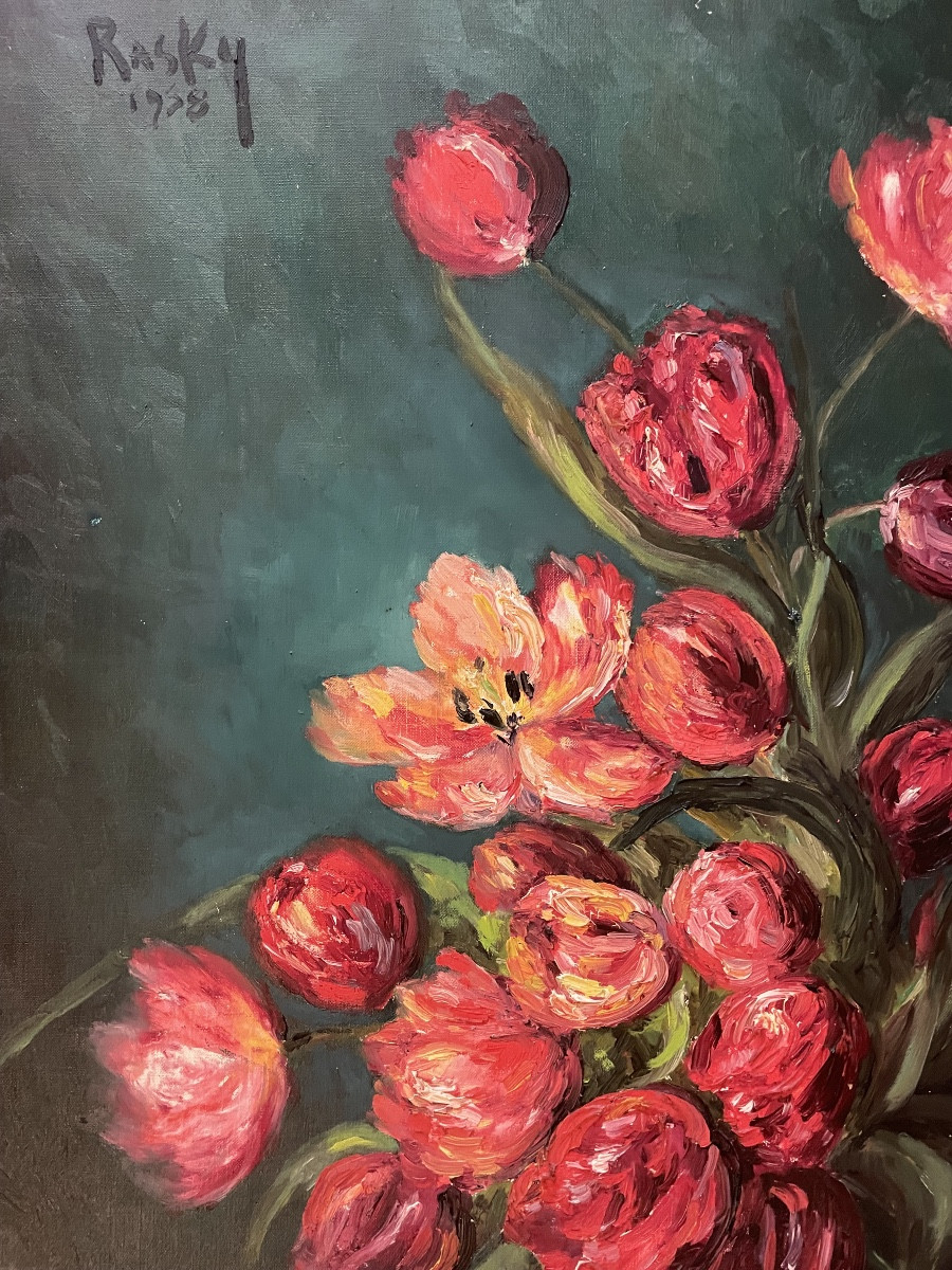 Composition florale sur toile, signée du peintre Rasky, datant de 1958 « Les Tulipes rouges »-photo-2