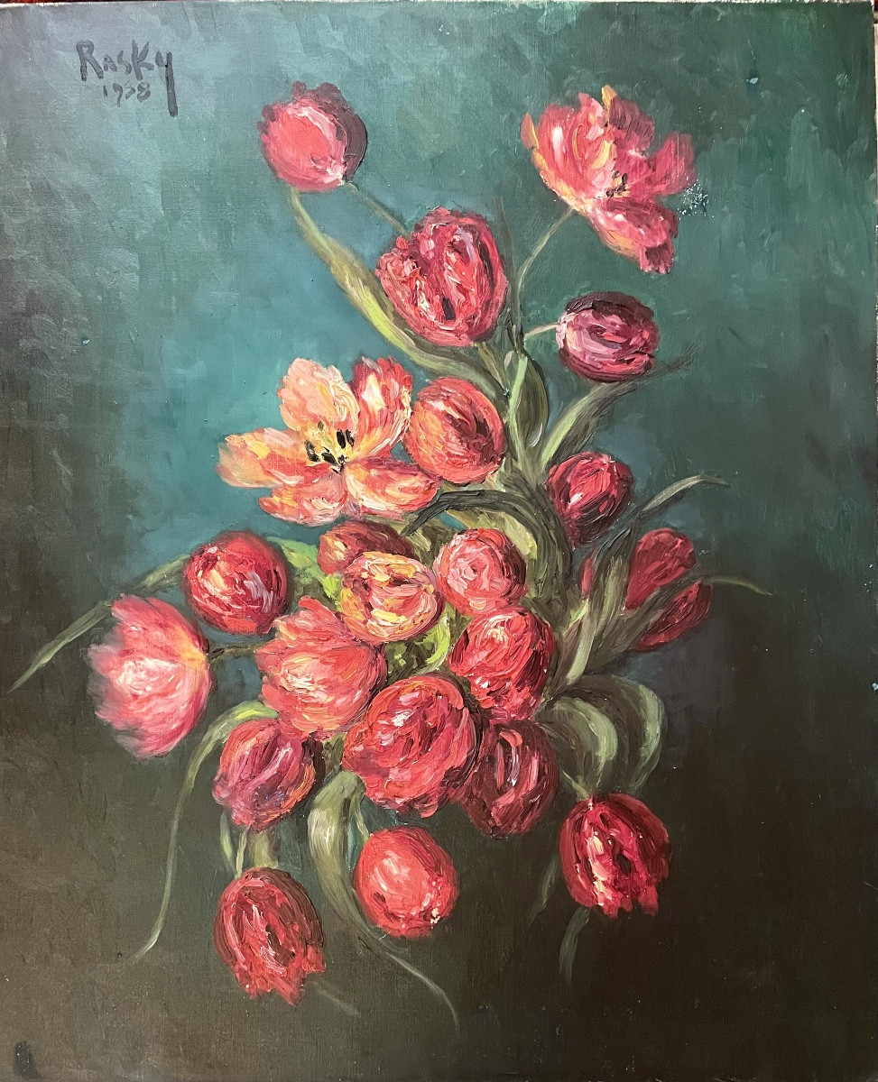 Composition florale sur toile, signée du peintre Rasky, datant de 1958 « Les Tulipes rouges »