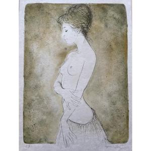 "young Woman With Bare Breasts" Lithograph Signed Bernard Charoy