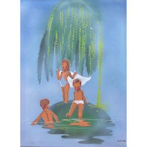 Peinture signée Geoffroy d’Aboville dit Dabo 1938  « la Baignade »