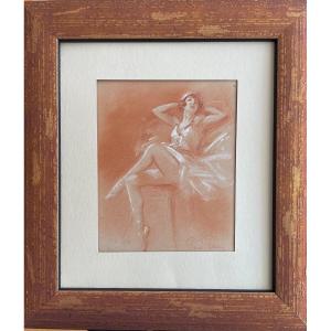 Sanguine Originale, Pencil And Chalk Signed René Péan "dancer" 1920