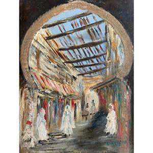 Huile sur Bois du Peintre Luc Gérard « Souk de Marrakech » Maroc