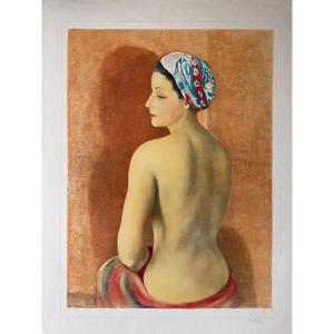 Aquatinte en couleurs signée Kisling « Nu assis au turban » 1952