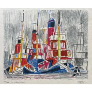 Lithograph "the Tugboats" Signed Jean Cluseau-lanauve
