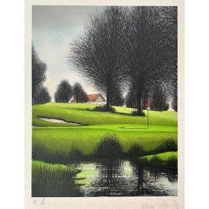 Lithograph From The 80s, Signed Jacques Deperthes "golf Court"