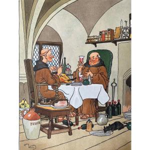 Lithographie Coloriée au Pochoir, Signée Harry Eliott «Les Moines en Cuisine »