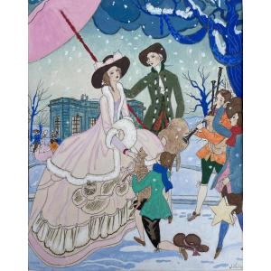Peinture de Jean Hilly 1925 «Promenade » Technique Mixte, Encre, Gouache et Aquarelle