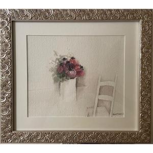 Poetic Art, Watercolor Of Flowers From The 70s Signed By The Artist A. Antonini "anemones"