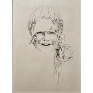 Louis Icart, Gravure à la Pointe Sèche «Fillette Souriante »