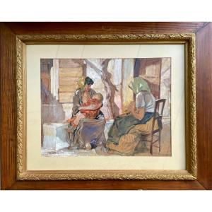 Original Gouache Signed By The Painter Edouard Leverd "la Sieste"