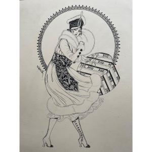 Dessin à l’Encre des Années 30 Signé Guillot «La Parisienne »