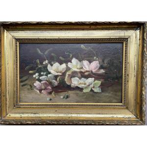 19th Oil On Wood Panel, French School "christmas Roses And Mistletoe"