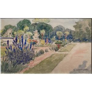 Le Jardin Des Tuileries, Framed Watercolor Signed By The Painter A. Léchaudel