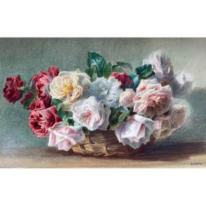 Watercolor Signed Isidore Rosenstock (1880-1956) "the Basket Of Roses"