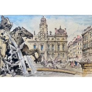 Aquarelle et Encre, Signée A. Desbarres «Lyon Place des Terreaux »