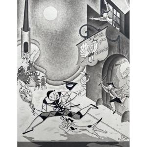 « L’Auberge du Gros  Dindon » Gouache Originale  de Jean Hilly 1920
