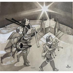 “the Musicians And The Shepherd's Star” Original Gouache By The Artist Jean Hilly 1920