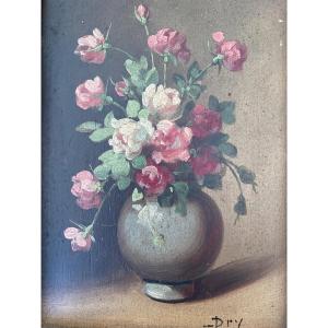 Charmante Petite Peinture fin 19 ème  sur Panneau de Bois « Composition Florale, roses anciennes »