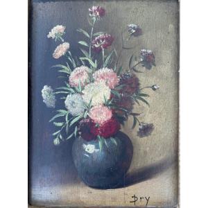 Charmante Petite Peinture à l’Huile Fin 19 ème sur Panneau de Bois,  «Marguerites Pompons ».