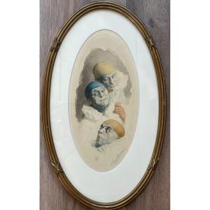 Arm Henrion, Watercolor Engraving Signed In Pencil “the Three Pierrots”