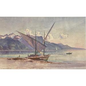 Aquarelle  du Peintre Fritz Edouard Huguenin-Lassauguette (1842-1926) « Lac de Neuchâtel »