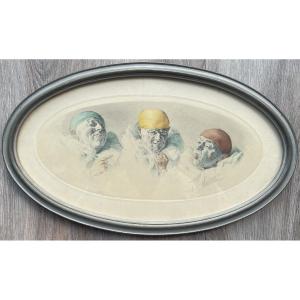 Arm Henrion, Watercolor Engraving Signed And Numbered By The Artist "les Trois Pierrot"