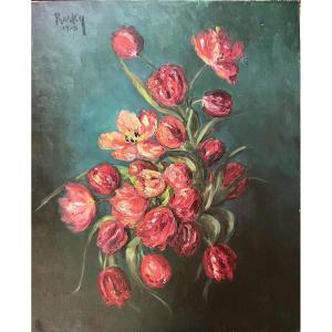 Composition florale sur toile, signée du peintre Rasky, datant de 1958 « Les Tulipes rouges »