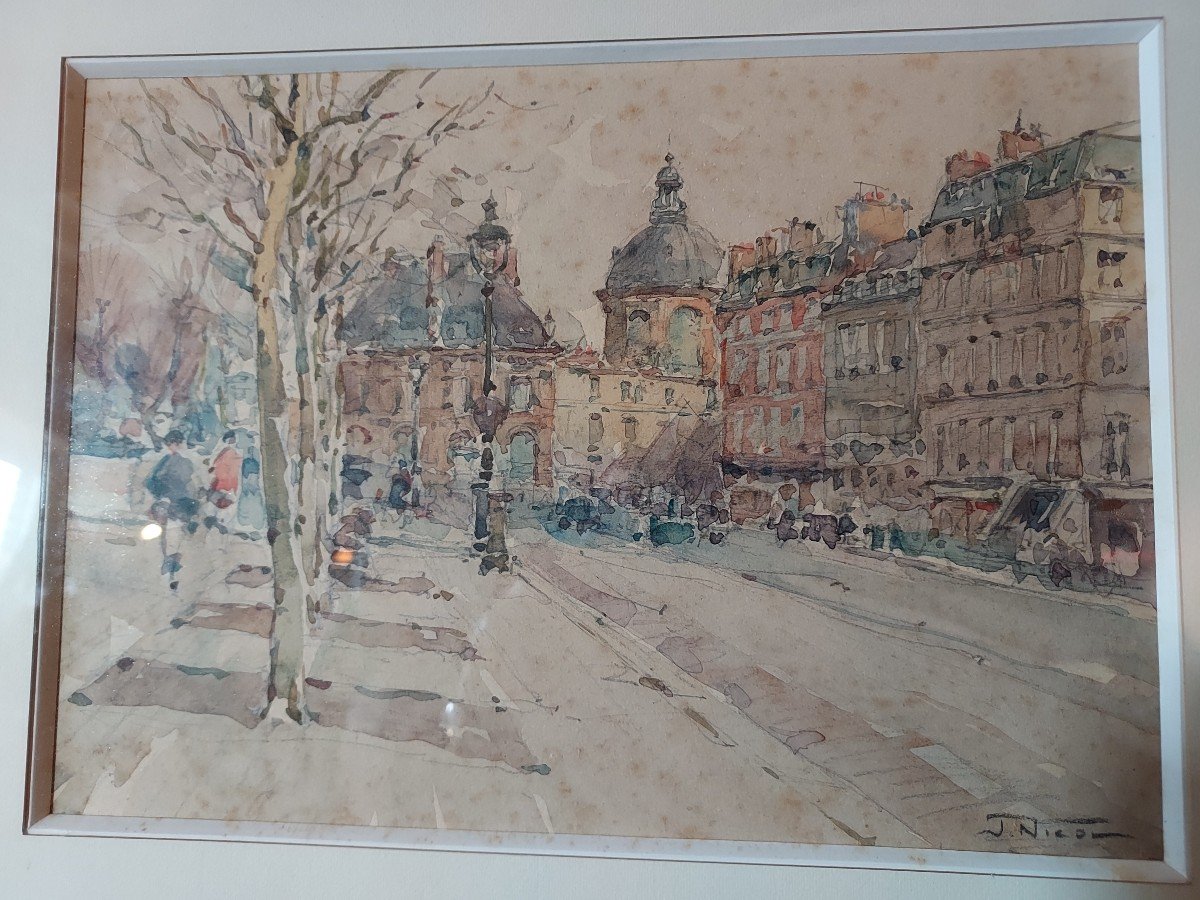 View Of Paris, Institut De France, Watercolor By Jean Nicol