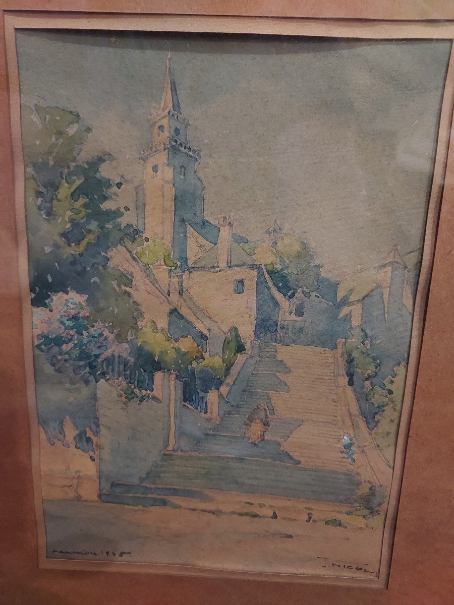 Tableau Aquarelle De Lannion Par Jean Nicol 1945