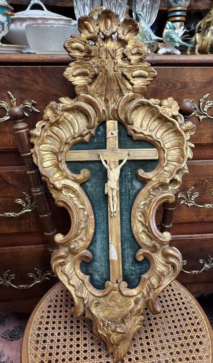 Holy Water Frame In Golden Wood And Its 18th Century Christ