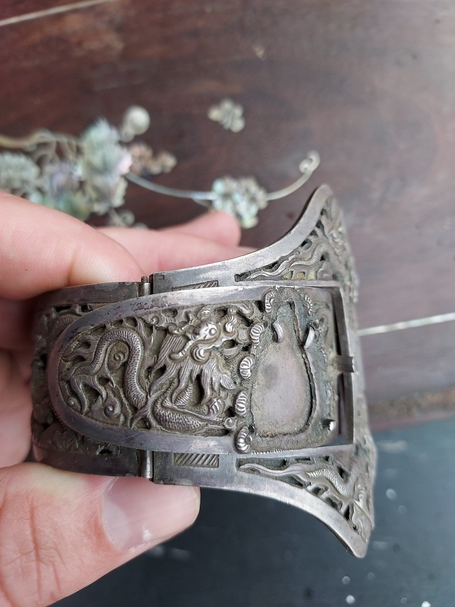 Cuff Bracelet In Chinese Silver Decor Of Dragons-photo-2