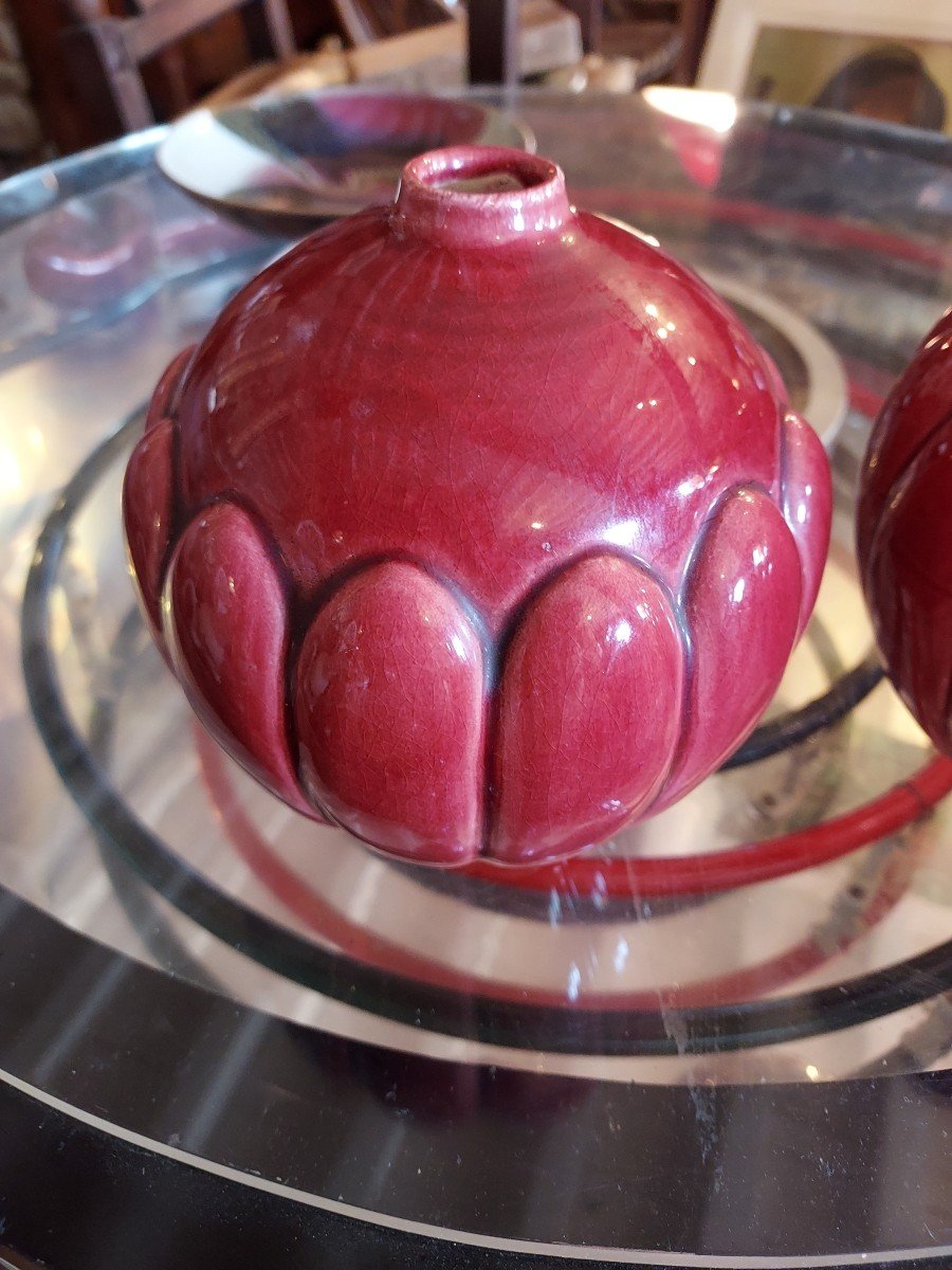 Pair Of Art Deco Saint-clement Ball Vase-photo-4