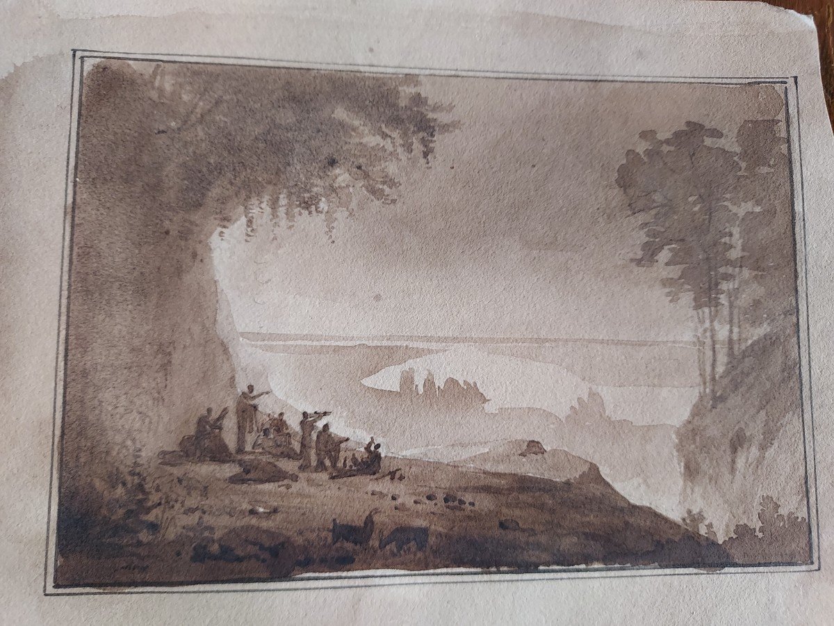 Petit Dessin, Lavis, école Française Du XIXe, La Pause