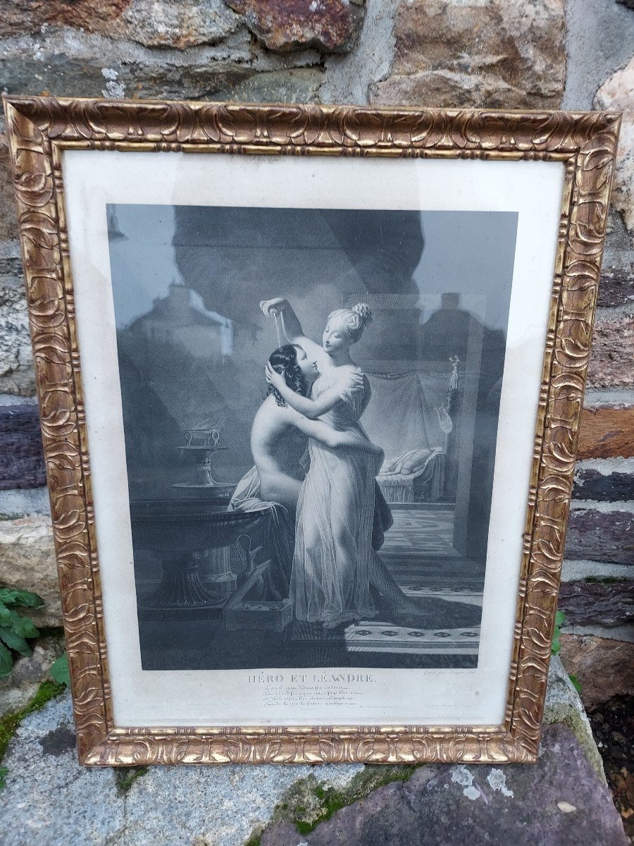 19th Century Engraving Hero And Leandre Framed In Golden Wood -photo-4
