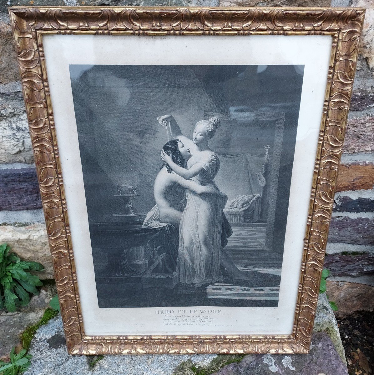 19th Century Engraving Hero And Leandre Framed In Golden Wood 