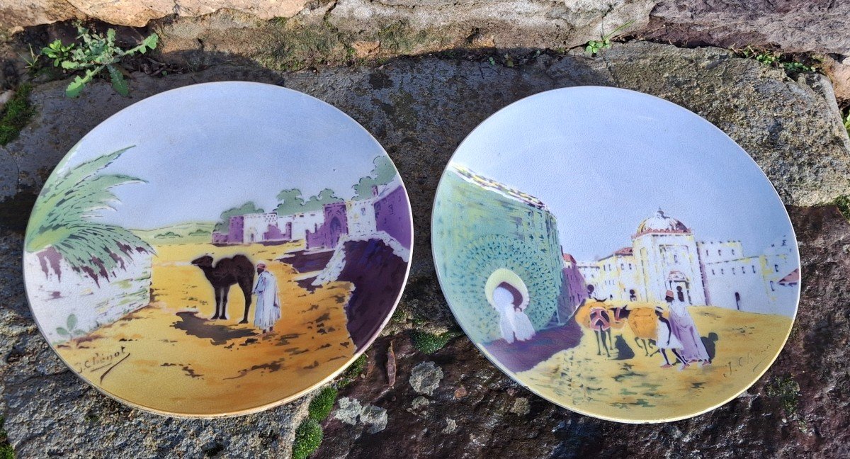 Pair Of Orientalist Plates Signed J. Chenot For Kg In Lunéville 