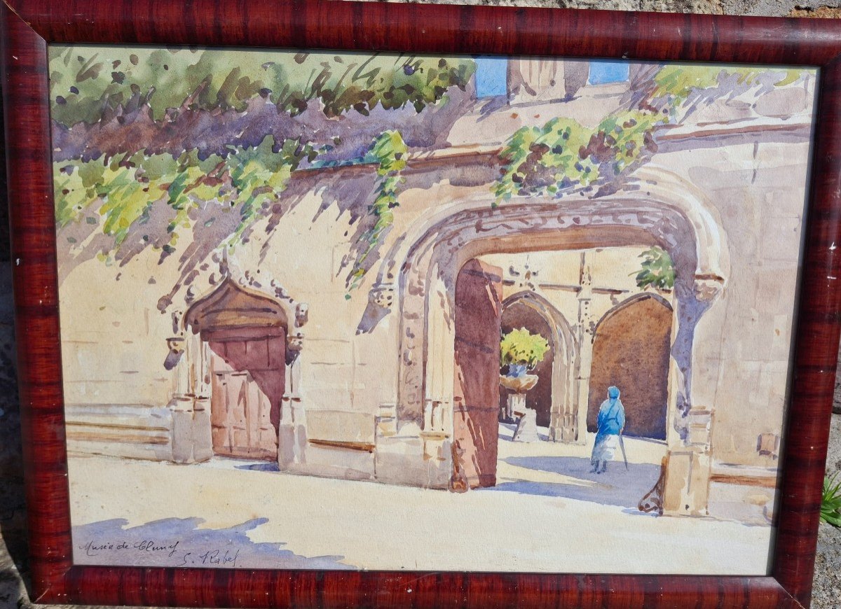 View Of The Cluny Museum Watercolor Signed Rabel